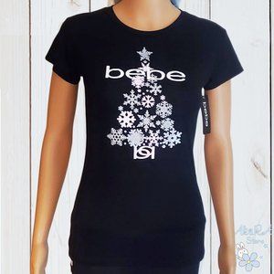 NWT BEBE AUTHENTIC CHRISTMAS TREE WOMEN'S BLACK CREW NECK SHORT SLEEVE T-SHIRT